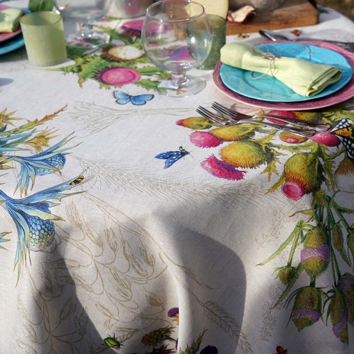 Treated Linen Tablecloth – Thistles Treated Linen Tablecloth – Thistles